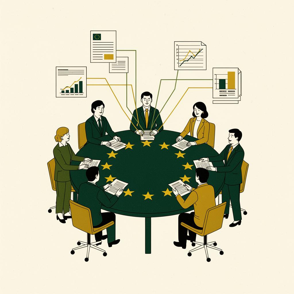 Editorial illustration of stakeholders collaborating around an EU table